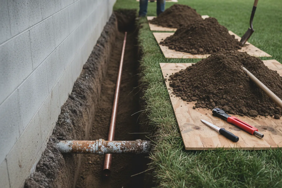 Excavated water line trench during Water Softener Installation in Skykomish